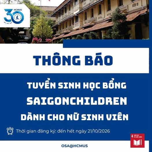 Thông báo tuyển sinh học bổng Saigonchildren dành cho nữ sinh viên
