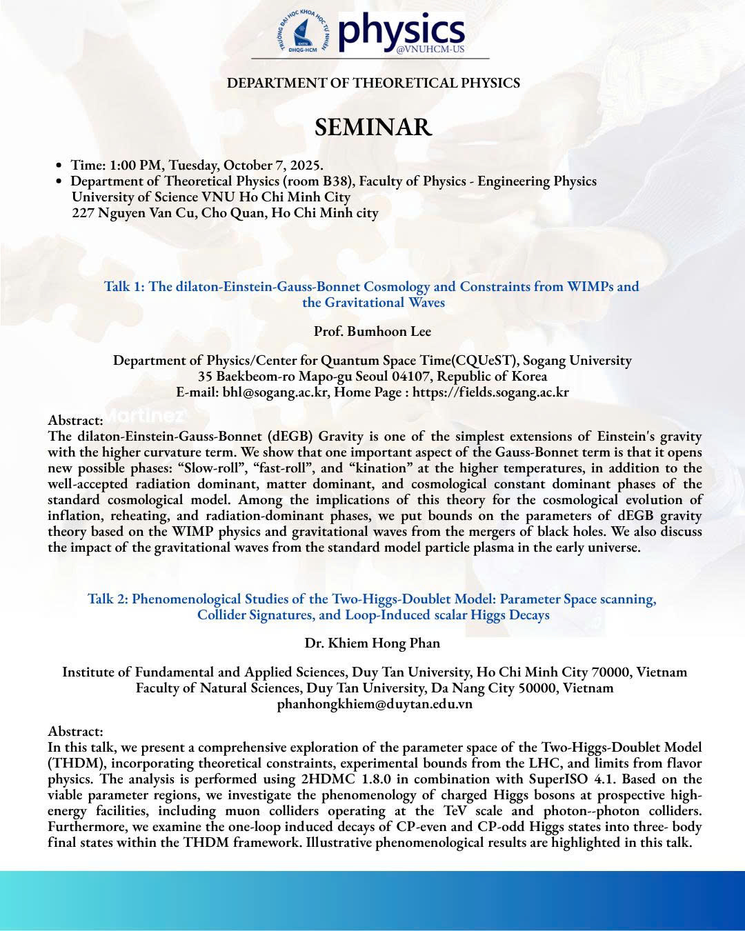 Thông báo seminar học thuật của bộ môn Vật lý lý thuyết